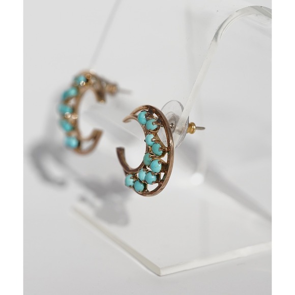 Vintage 10-14k Solid Gold Natural Persian Turquoise Crescent Moon Stud Earrings - Picture 6 of 6
